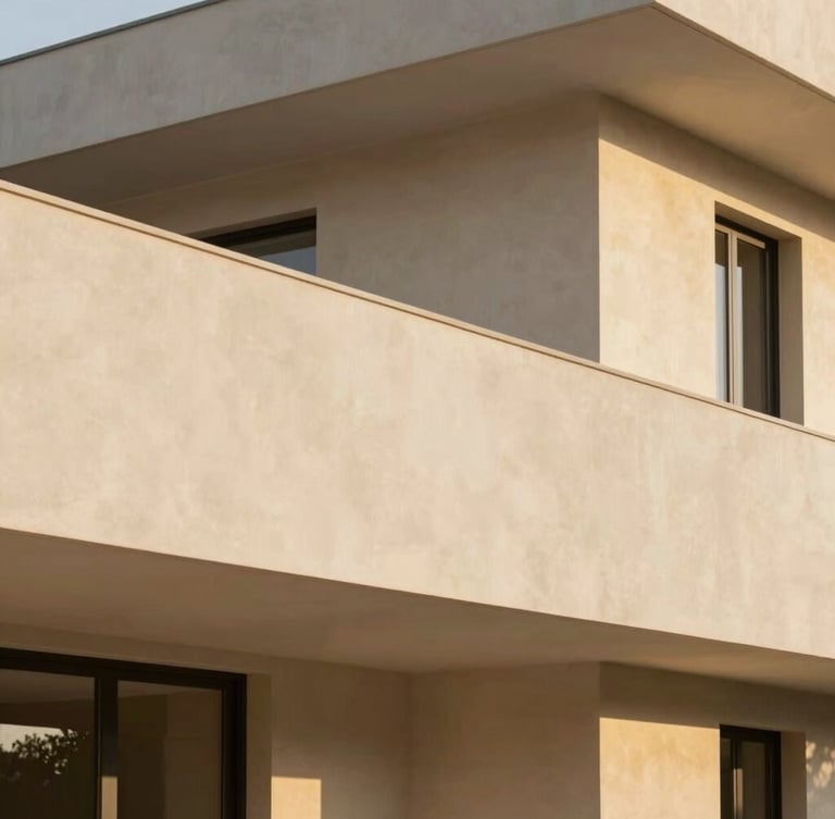 Architectural detail of a modern luxury villa in Italy, clean lines, warm plaster walls, soft natural light, 35mm