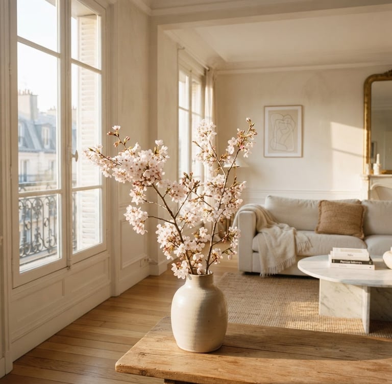 Portrait framing of a sun-drenched Parisian apartment interior, warm morning light streaming through tall French windows, elegant neutral-toned minimalist decor, delicate cherry blossom branch in a ceramic vase in the foreground, shallow depth of field, 35mm.