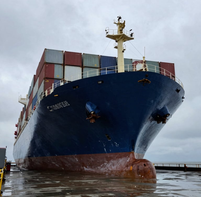 Low-angle shot of a massive container ship hull in a drydock, dramatic overcast sky, towering steel structure, wet concrete ground, industrial maritime photography