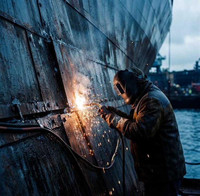 Dramatic close-up of high-contrast industrial welding on a massive steel hull, bright sparks flying against dark steel plates, deep ocean blue casting, high-contrast 35mm maritime photography.