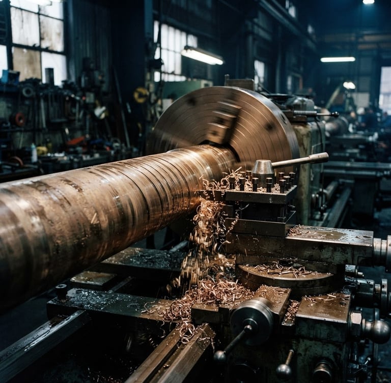 Close-up of a massive bronze marine propeller shaft being machined on a heavy industrial lathe, bright steel shavings, high-contrast industrial workshop lighting, dramatic 35mm