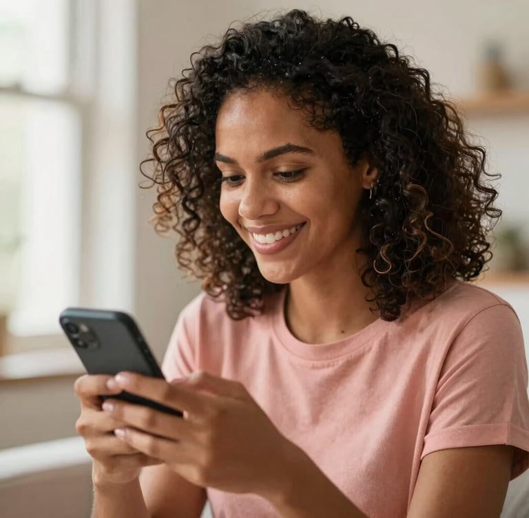 Warm editorial portrait of a Brazilian woman smiling while messaging on her phone, soft natural daylight, blush and terracotta tones, shallow depth of field, 35mm