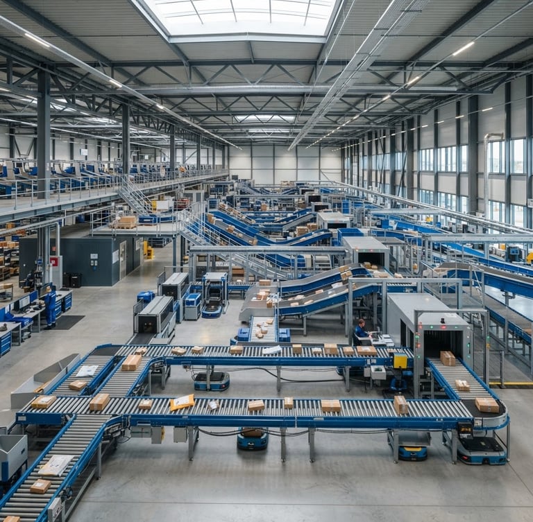 Wide shot of a modern, clean logistics hub with automated sorting systems, bright neutral daylight, cool slate and blue tones, sharp focus, editorial style.