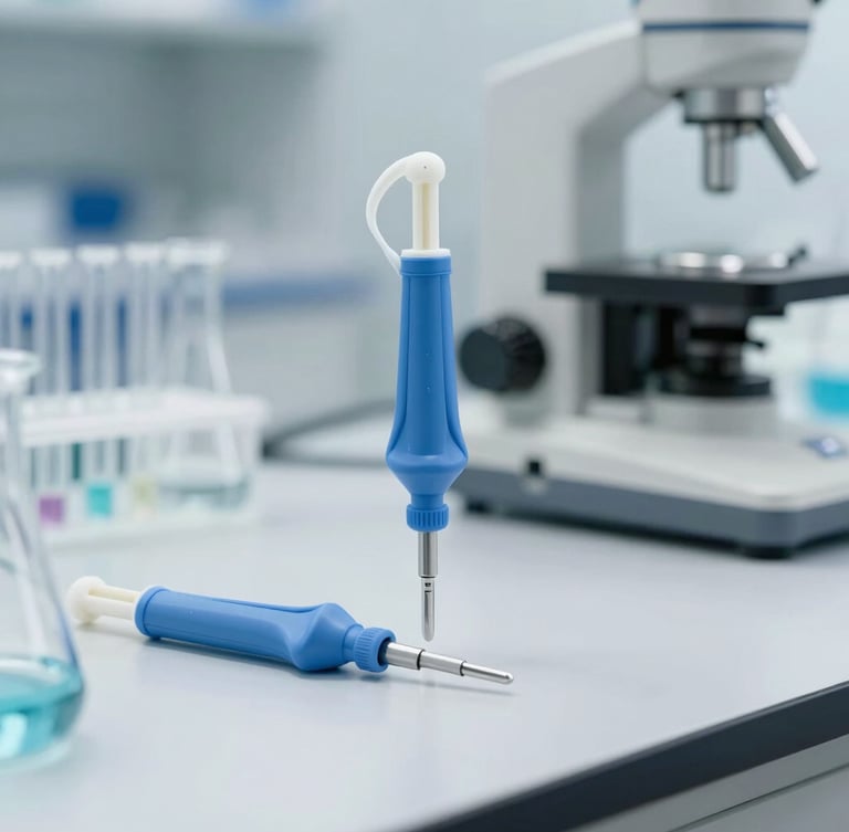 Modernes Labor mit Pipetten und Reagenzgläsern, kühle Beleuchtung, scharfer Fokus, wissenschaftliche Präzision.