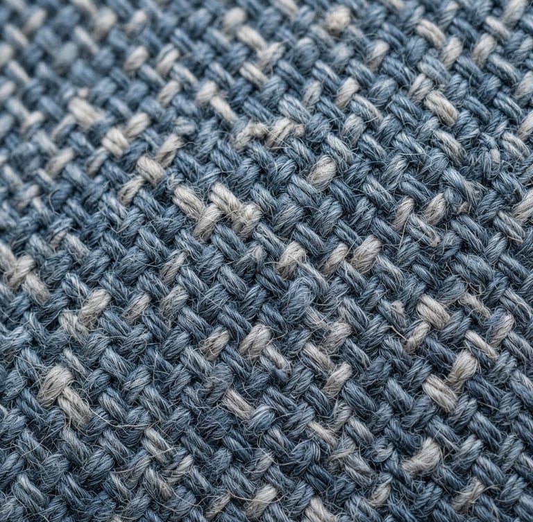 Macro shot of high-quality organic cotton textile weave, raw natural fibers, bright neutral daylight, cool slate and blue tones, sharp focus, editorial style
