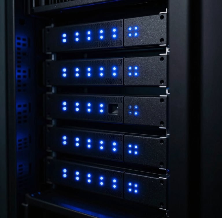 Close-up of a cleanly organized server rack with glowing blue LED status lights, high contrast, deep charcoal shadows