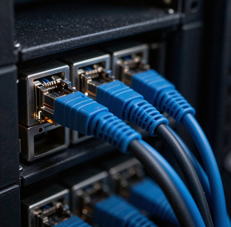 Neatly routed blue and black network cables in a server rack, sharp macro focus, moody low-key lighting with deep charcoal tones.