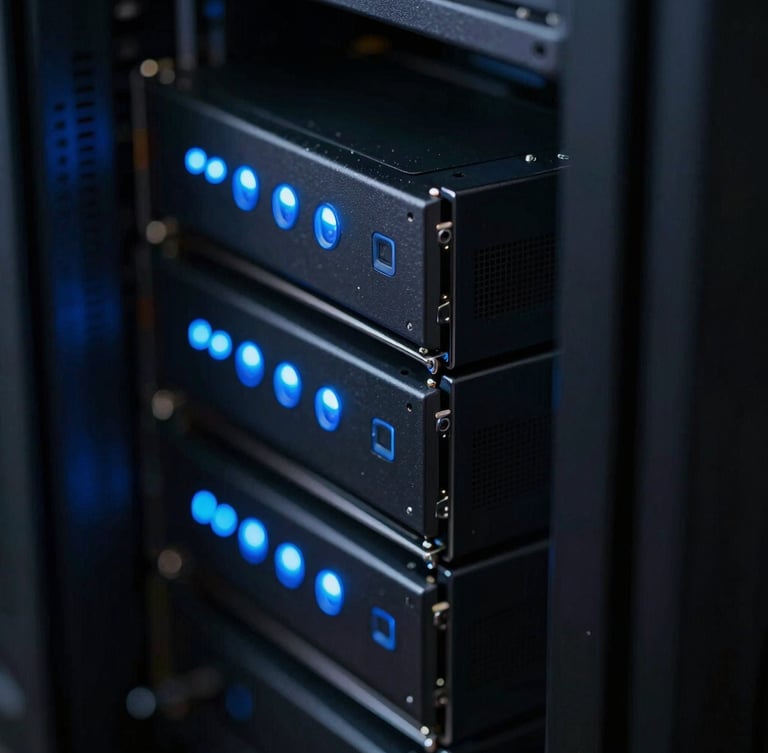 Close-up of clean server hardware with glowing electric blue status lights, dark moody atmosphere, sharp macro focus.