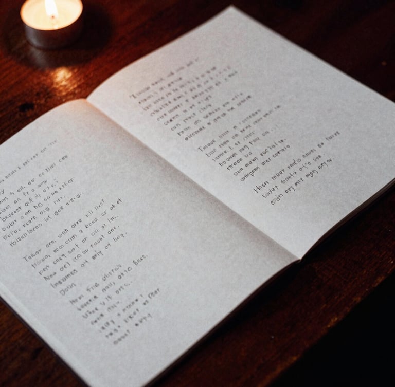 Close-up of handwritten lyric sheets on textured paper, resting on a dark wooden table in deep twilight shadow, illuminated by a single candle flame, cinematic 35mm film grain.