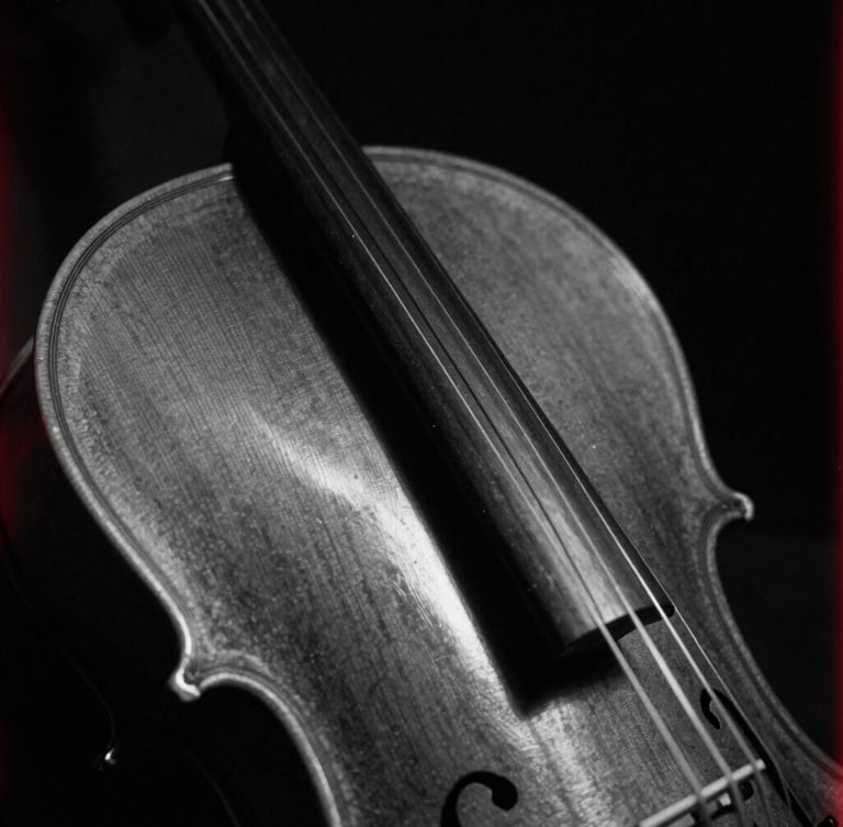 Extreme close-up of physical cello strings in deep shadow, high-contrast black and white with subtle crimson light, 35mm film grain, moody chiaroscuro