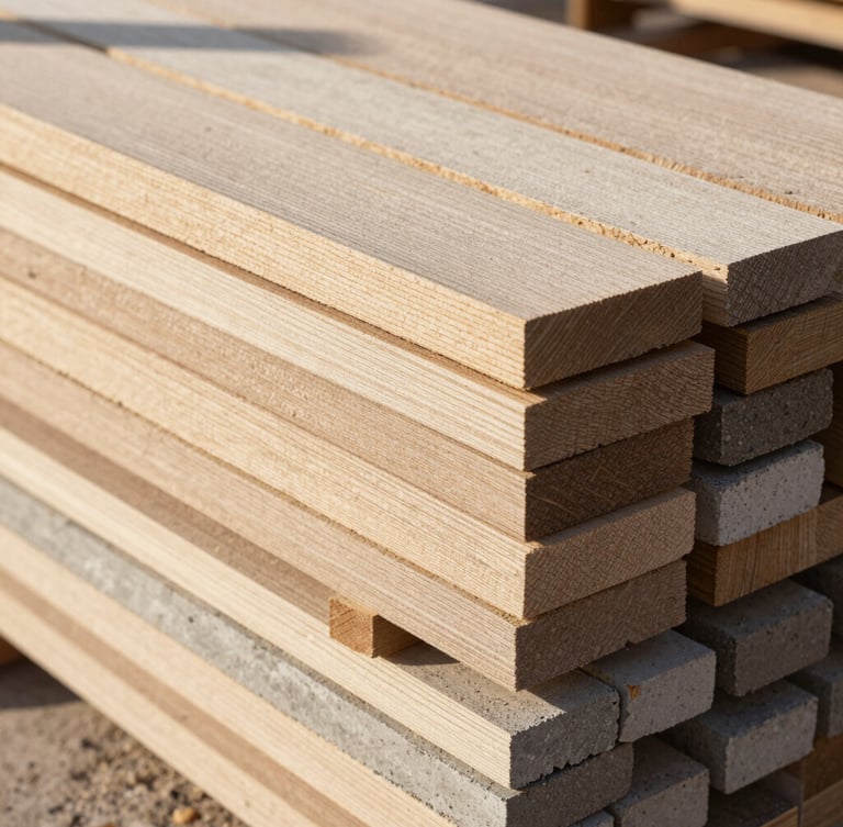 Close-up of raw construction materials, stacked textured timber and concrete blocks on-site, warm natural daylight casting deep shadows, architectural detail focus