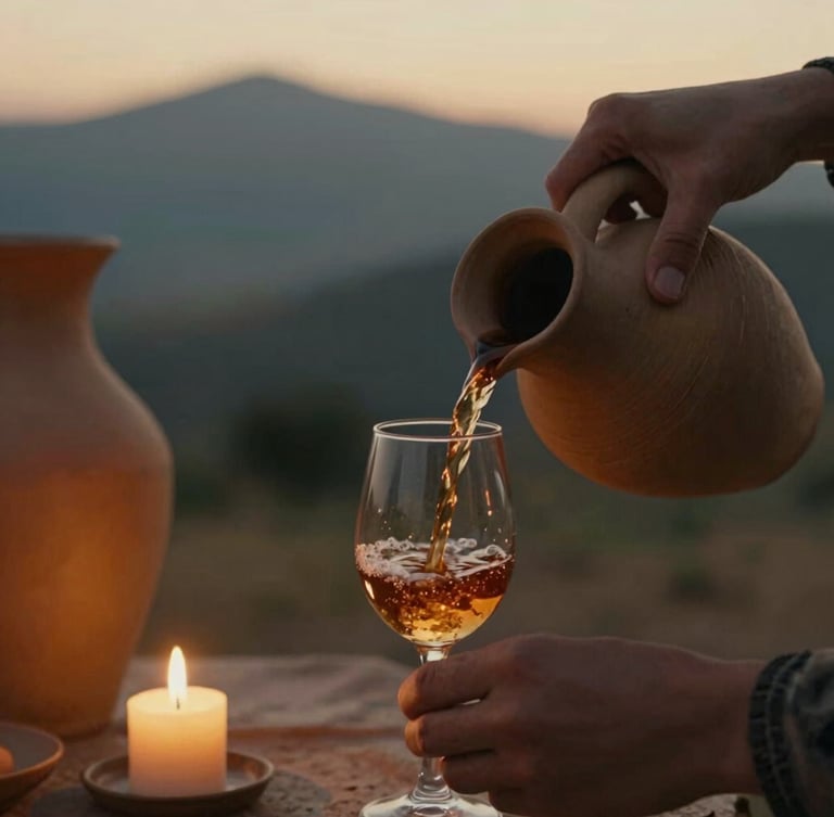 Intimate close-up of hands pouring amber wine from a traditional clay qvevri, warm candlelight, rich earthy tones, shallow depth of field
