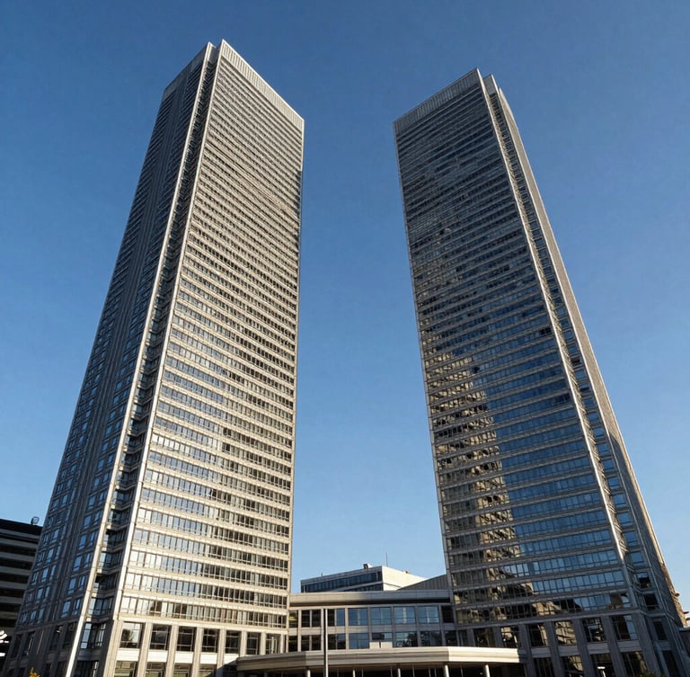 Wide-angle architectural view of the modern Paseo de la Castellana towers in Madrid, crisp daylight, sharp geometric shadows, institutional blue sky.