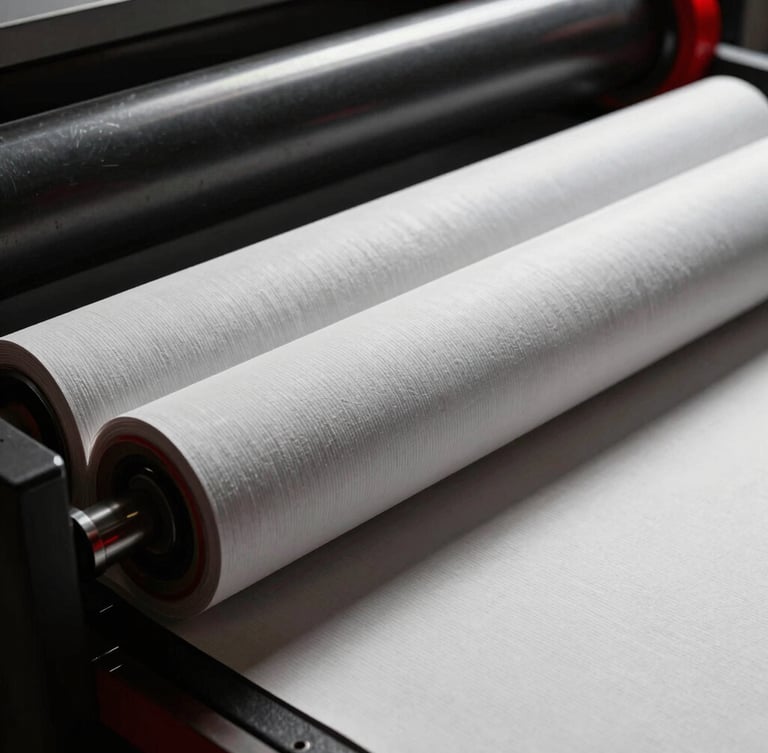 High-contrast macro photograph of industrial print rollers feeding thick textured paper stock, sharp shadows, technical precision, cool studio lighting with red highlights