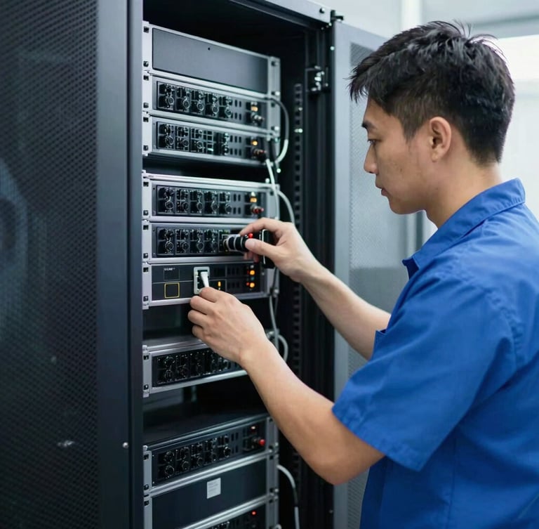 Technet technician in clean uniform working on an organized server rack, cool-toned indoor lighting, sharp focus, 35mm lens.