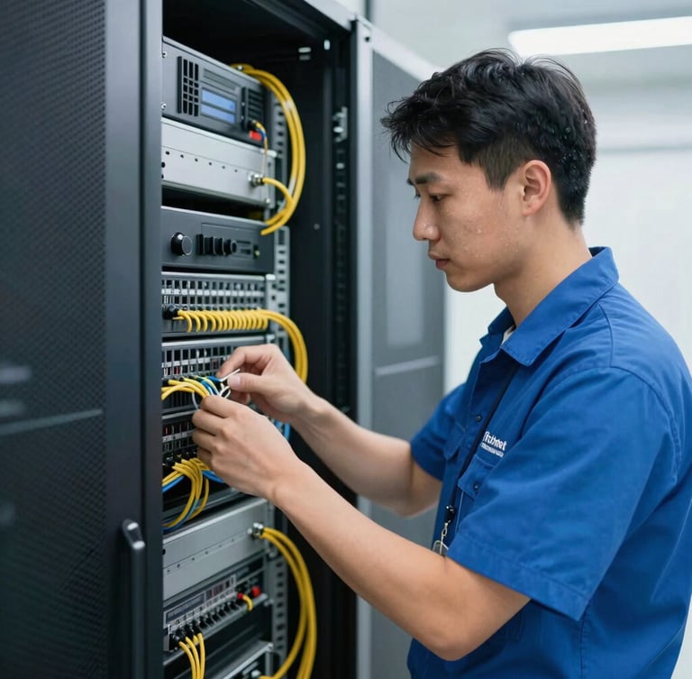 Portrait-oriented shot of a Technet International, Inc. technician in a clean uniform, working on an organized server rack, focused on precise cable management, cool-toned indoor lighting, 35mm lens.