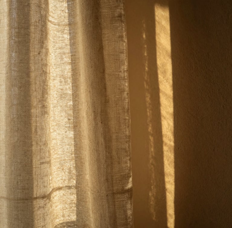 Macro photograph of heavy oatmeal linen curtain casting deep, high-contrast shadows on a warm plaster wall, strong golden hour sunlight, 35mm editorial style