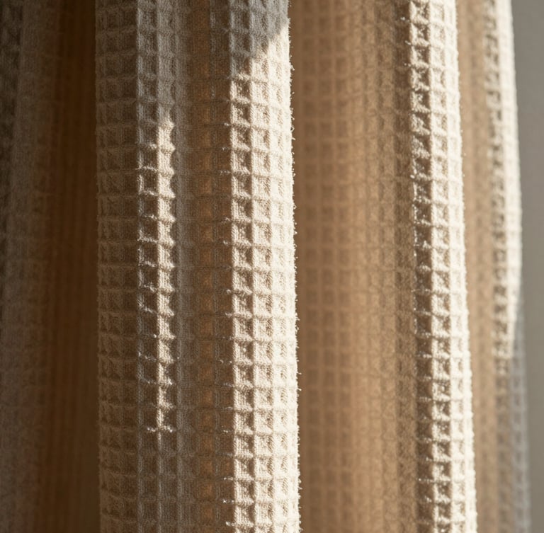 Macro shot of heavy waffle-weave shower curtain fabric in oatmeal, strong directional morning sunlight casting deep shadows across the deep ridges