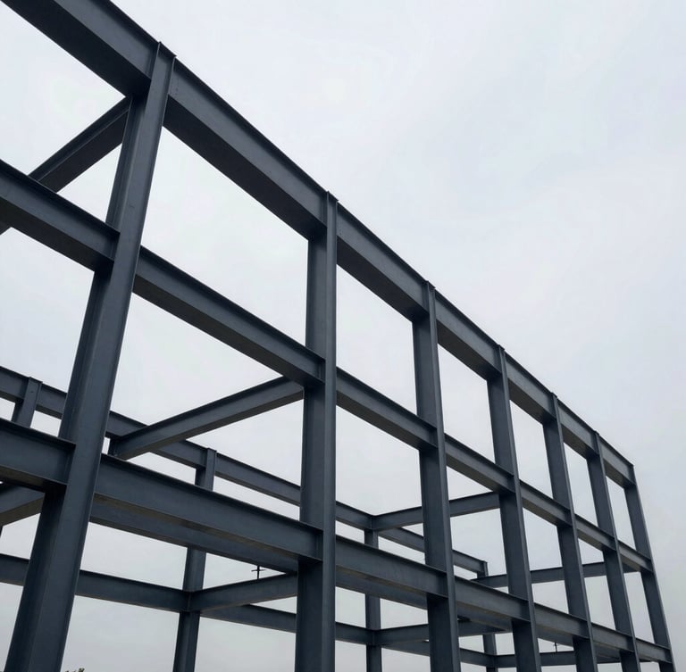 Crisp architectural photography of massive modern structural steel framing under a cool overcast sky, high-contrast structural geometry, deep slate and steel tones, wide-angle lens