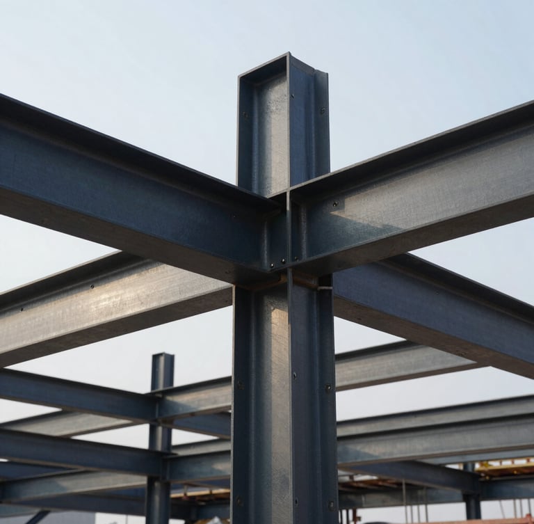 Macro close-up of structural steel joints and framing on an active commercial construction site, crisp morning light highlighting technical geometry