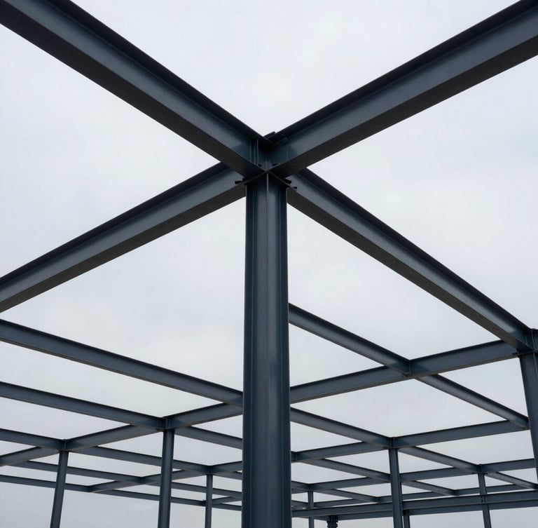 Crisp architectural photography of structural steel framing against a cool overcast sky, high-contrast structural details, wide-angle lens