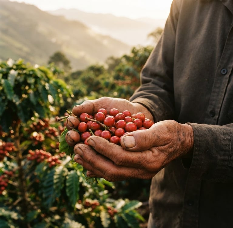 Close-up of weathered hands gently holding freshly harvested, bright red coffee cherries in a high-altitude Colombian plantation, soft warm morning light