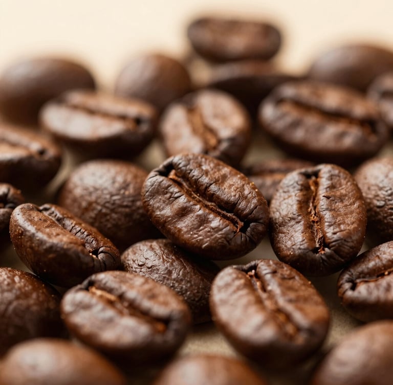 Macro shot of freshly roasted coffee beans, rich textures, warm lighting, shallow depth of field