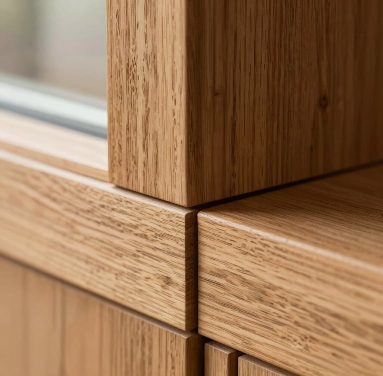 Extreme close-up of a perfectly aligned wood joint in warm oak, seamless grain matching, soft side window light highlighting the texture, architectural precision.