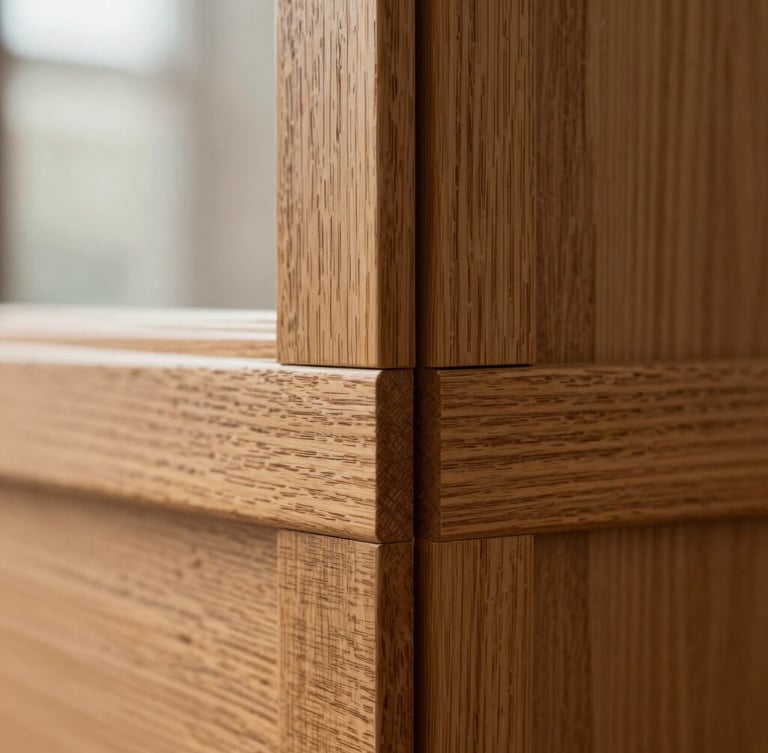 Extreme close-up of a flush wood joint in warm oak, showing perfect grain alignment and invisible seams under soft window light, architectural detail.