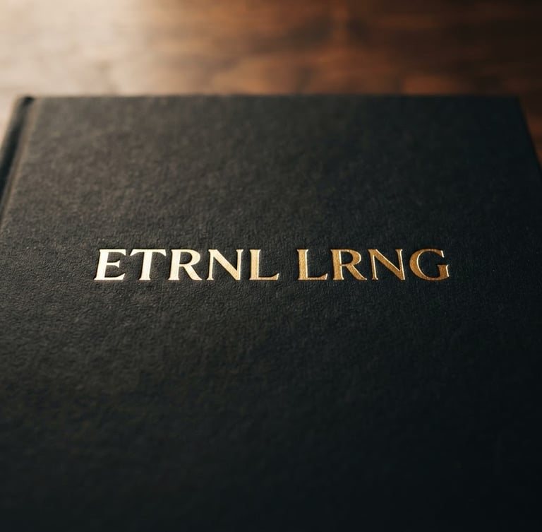 Macro close-up of a textured matte black workbook cover with gold foil lettering reading ETRNL LRNG, resting on a dark walnut desk under soft warm side-light