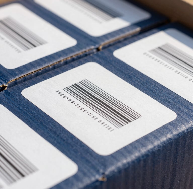 Macro shot of high-quality cardboard packaging with clean white labels, bright natural daylight, sharp focus on structured shipping barcodes, navy tones.