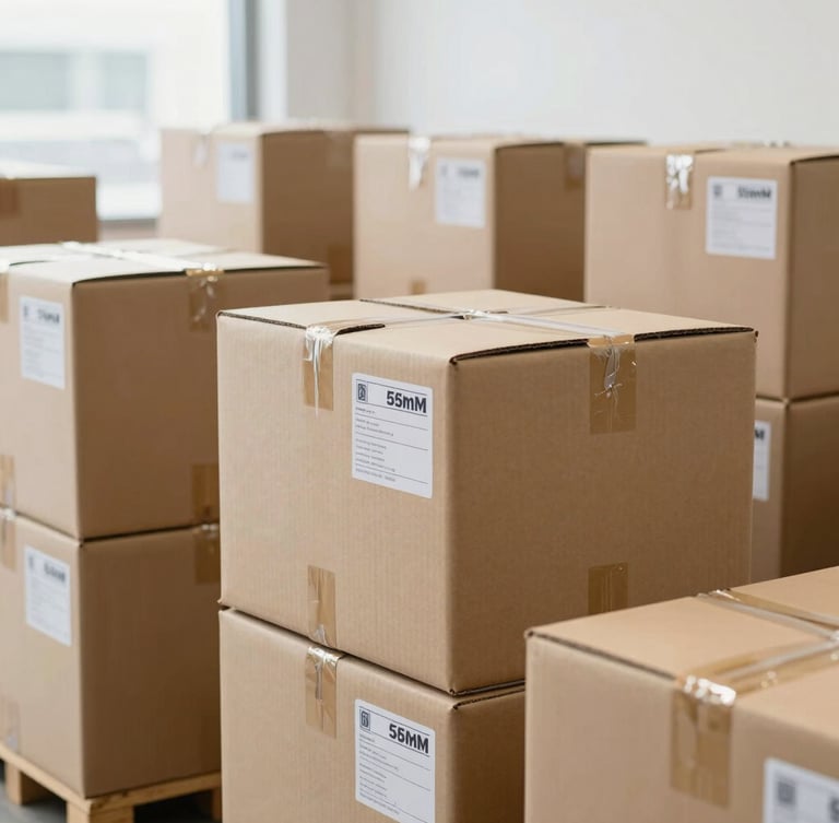 Medium environmental shot of an organized logistics center with bright natural diffused daylight, clean cardboard packaging with clear labels, crisp professional photography, 35mm focus
