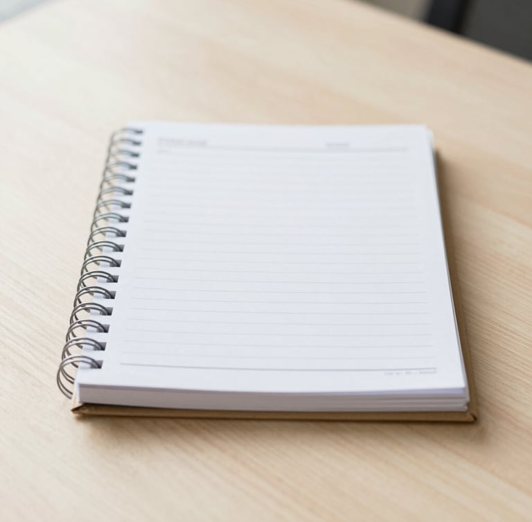 Straight-on clean composition of an organized desk with a physical ledger, bright natural diffused daylight, warm neutral tones, shallow depth of field.