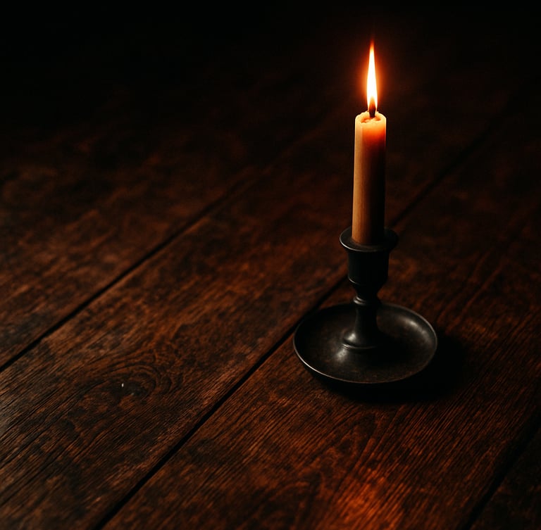 Close-up of bespoke table textures with dramatic low-key candlelight, rich atmospheric tones, high contrast, 35mm film style.