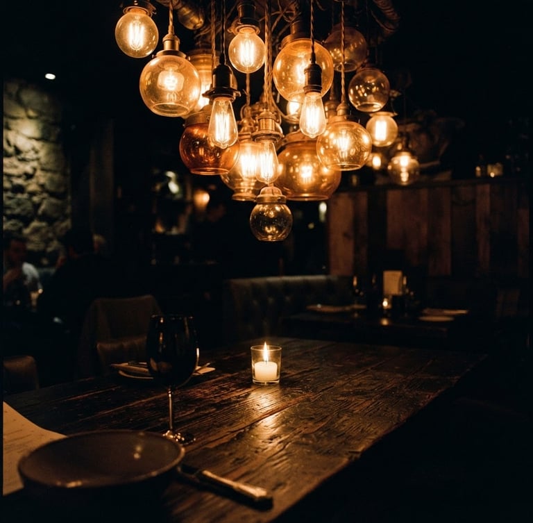 Moody close-up of a custom amber lighting installation over dark textured tables, low-key candlelight, high contrast, 35mm film style