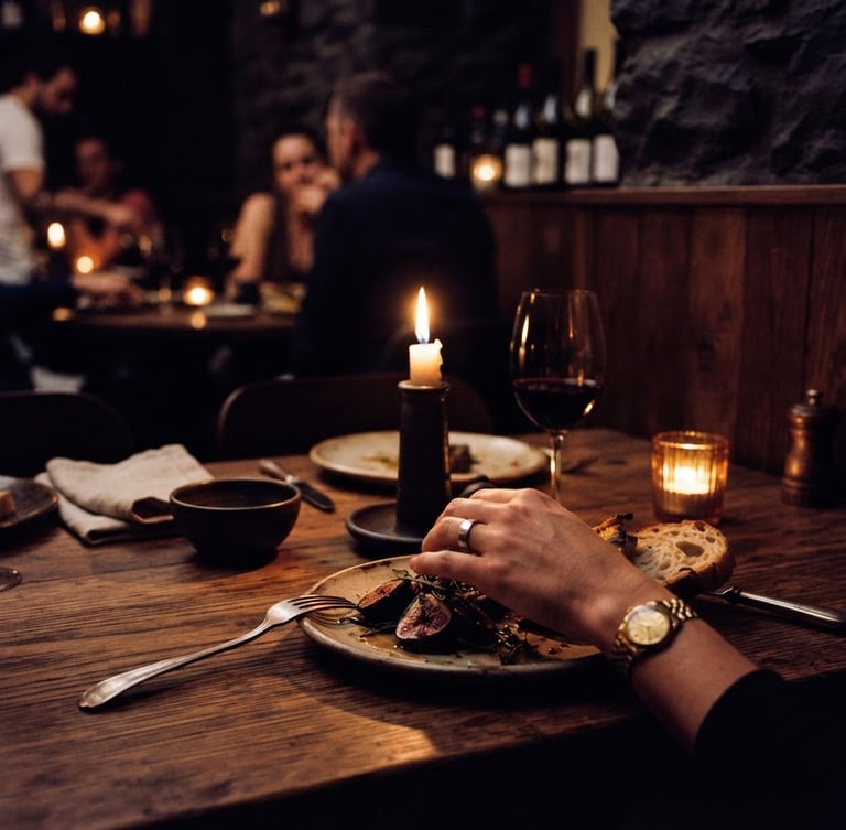 Moody editorial photography of a low-key candlelit table setup, warm amber glow, rich plum shadows, high contrast, 35mm film style
