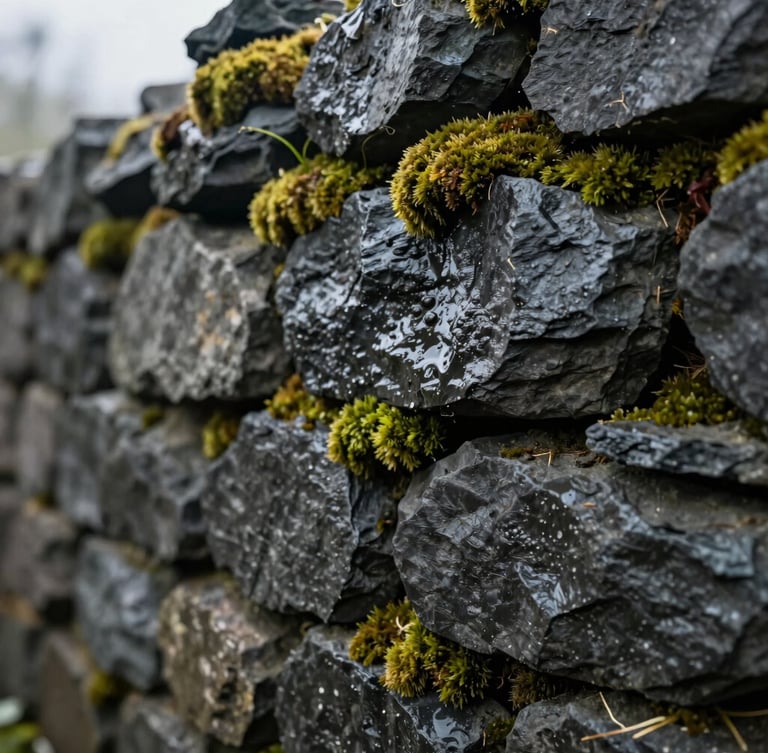 Close-up portrait crop of hand-cut dark slate stone wall with wet moss growing in the deep crevices, soft diffused overcast morning light.