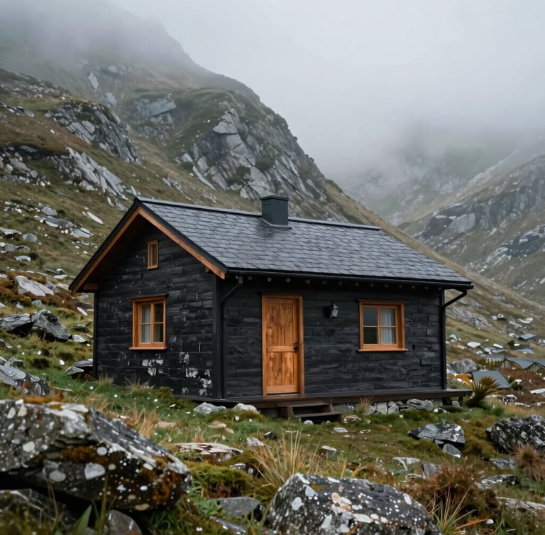 Primer plano de una cabaña minimalista de piedra oscura y madera recuperada, perfectamente integrada en la ladera húmeda de la montaña asturiana, bajo la niebla