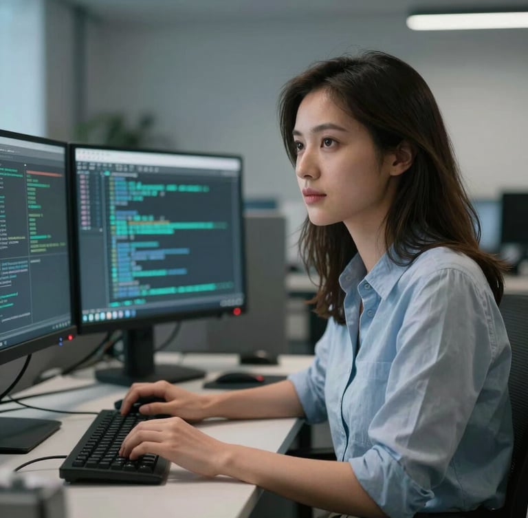 A raw, unposed portrait of a female software engineer in her cool-toned office environment, sitting at a desk with dual monitors, looking thoughtfully slightly off-camera.