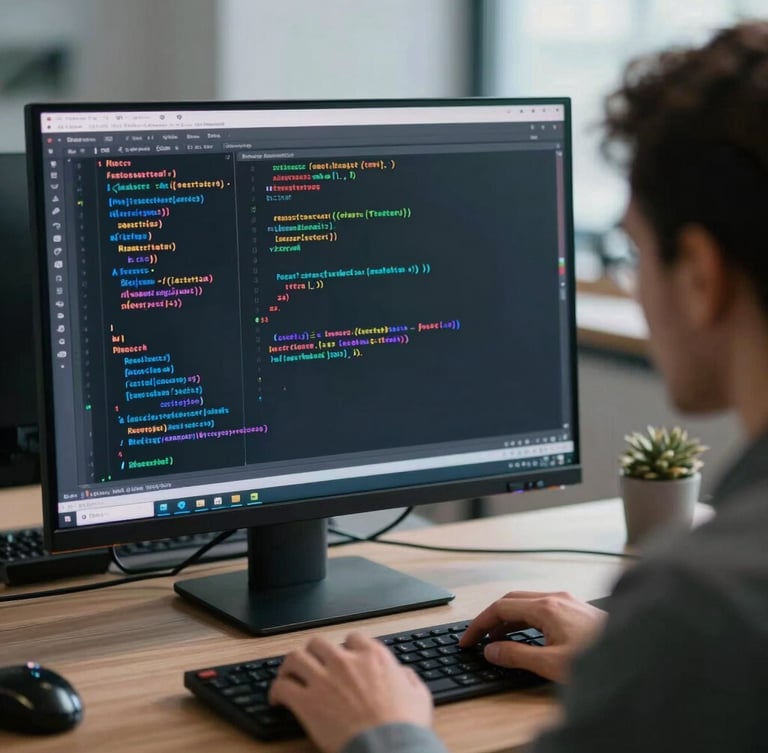 Over-the-shoulder shot of a developer analyzing a complex React codebase on a large monitor, cool daylight, sharp focus on the screen.