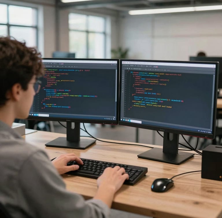 Over-the-shoulder view of a student analyzing code on a dual-monitor setup in a bright, industrial co-working space