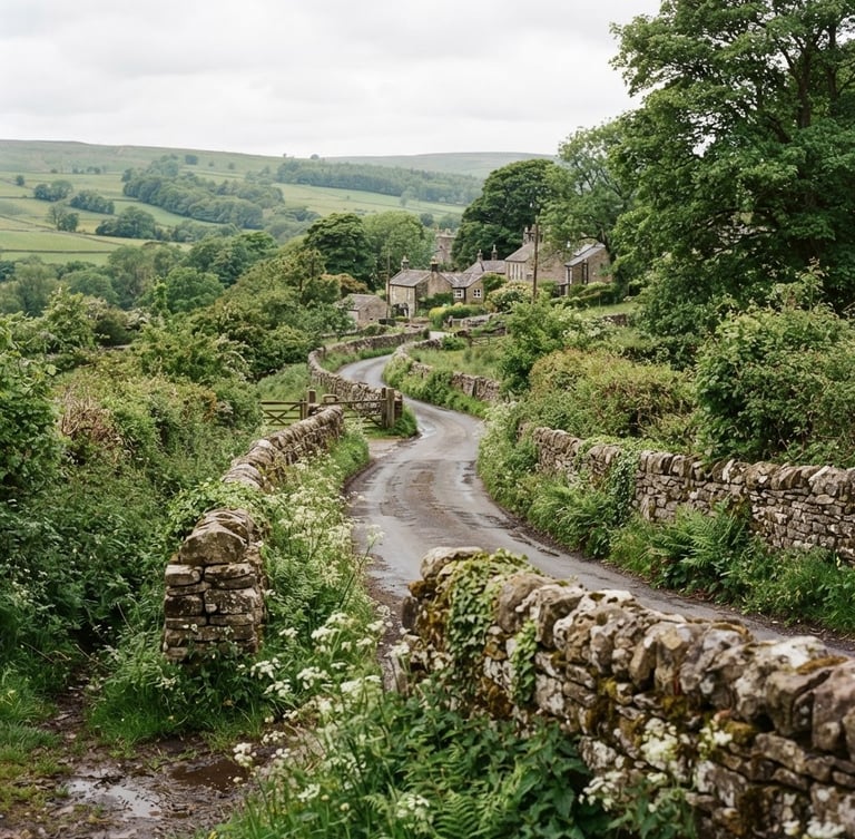 Wide environmental shot of a quiet UK country lane with historic stone walls and soft overcast British daylight, lush green foliage, 35mm film style.