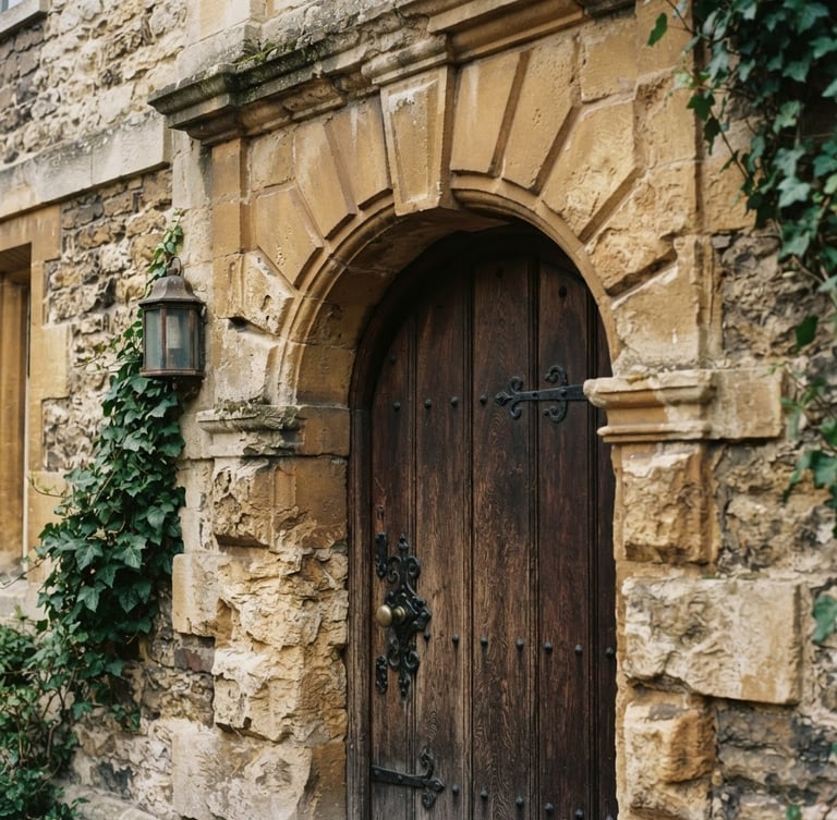 Close-up of historic stone masonry of a UK townhouse gateway, soft morning light, 35mm film style