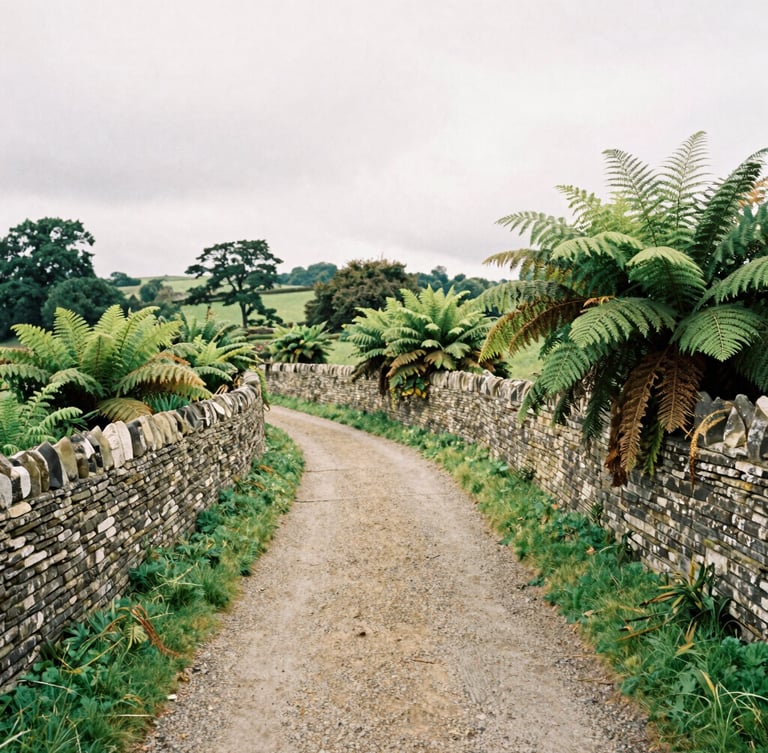 A quiet gravel walking path winding past historic stone walls and lush green ferns in the UK countryside, soft overcast daylight, 35mm film style.