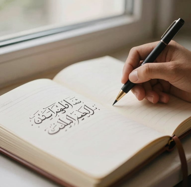 A close-up of a student's hand writing elegant Arabic and English calligraphy in a leather-bound journal, soft warm window light, 35mm photography