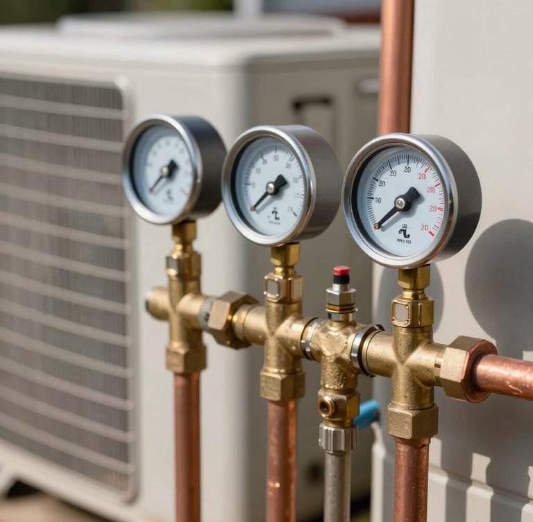 Close-up of brass manifold gauges connected to copper refrigerant lines on an outdoor AC condenser unit, natural Texas sunlight, sharp focus on dials