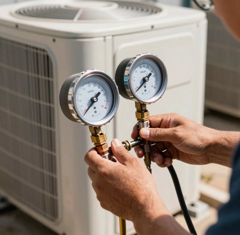 Close-up of a technician's hands adjusting a manifold gauge on a residential condenser unit under bright Texas sunlight.