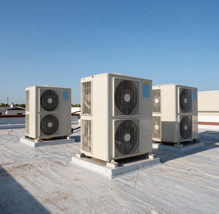 Wide angle shot of heavy-duty commercial rooftop HVAC units on a light gray gravel roof under intense, bright Texas afternoon sunlight, clear blue sky background.