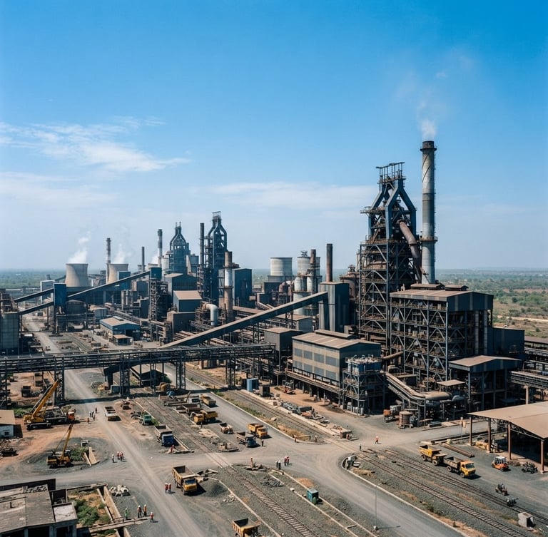 Wide environmental shot of a modern industrial complex in Raipur, India, under bright daylight, with a clear blue sky, showing scale and precision.