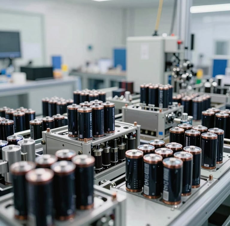 Wide environmental shot of a clean-room battery assembly line, bright natural daylight, high contrast, deep slate and steel tones, 35mm